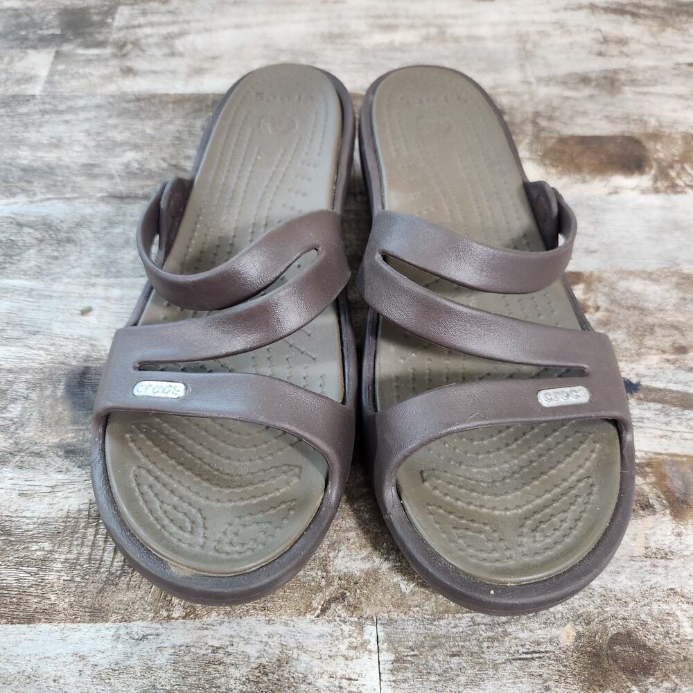 Crocs Patricia Womens 9 Brown Wedge Sandals Strappy Comfort Slip On Shoes